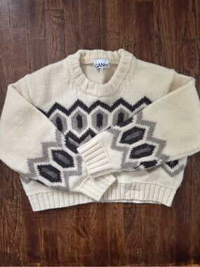 Ganni Cream Crewneck Sweater with Black & Gray Geometric Pattern